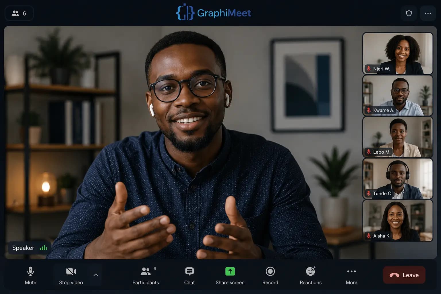 A GraphiMeet call: a speaker on the main stage, five participants alongside, and the meeting controls beneath.